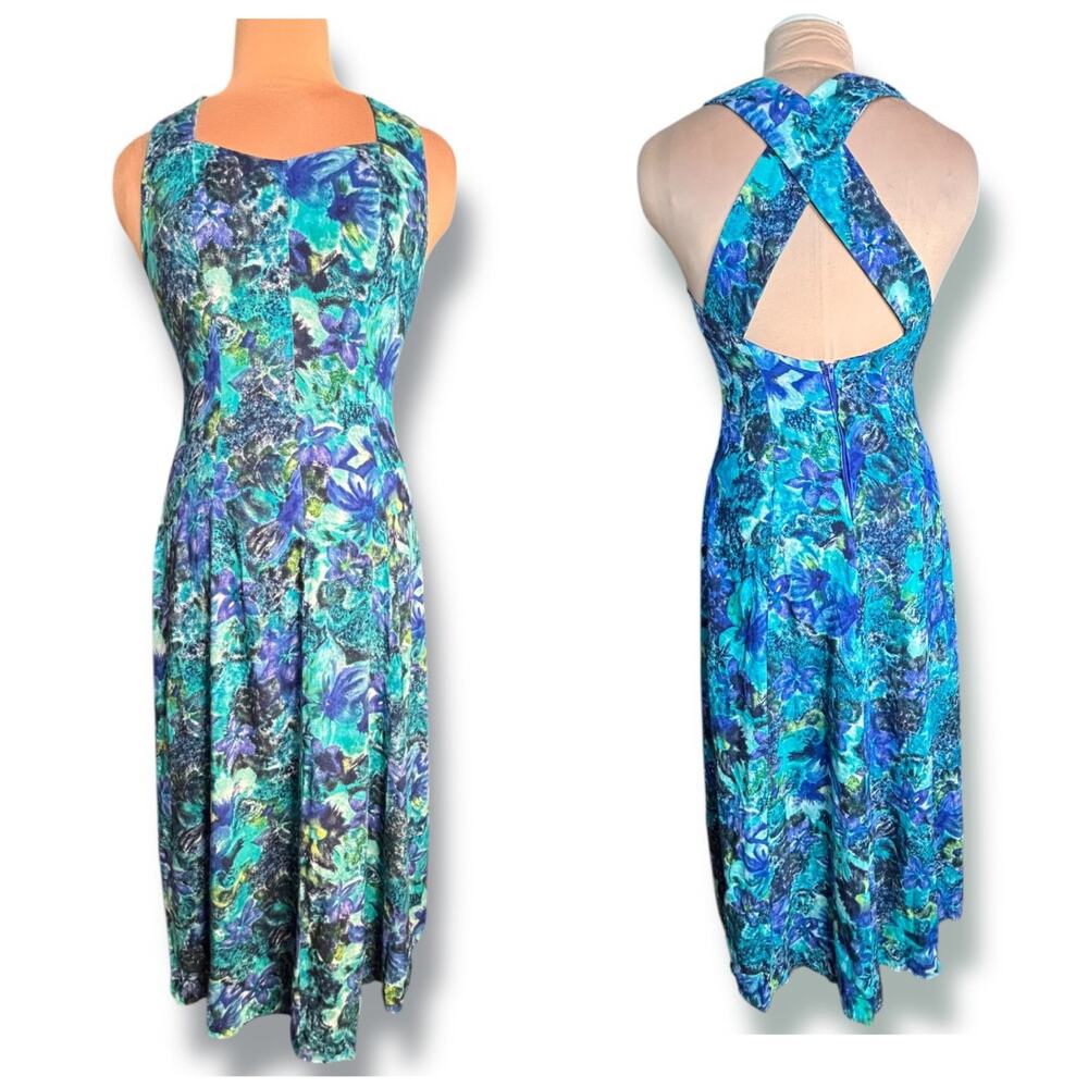 90s All That Jazz Floral Maxi Dress Open Cross Back Blue Green Romantic Fairy